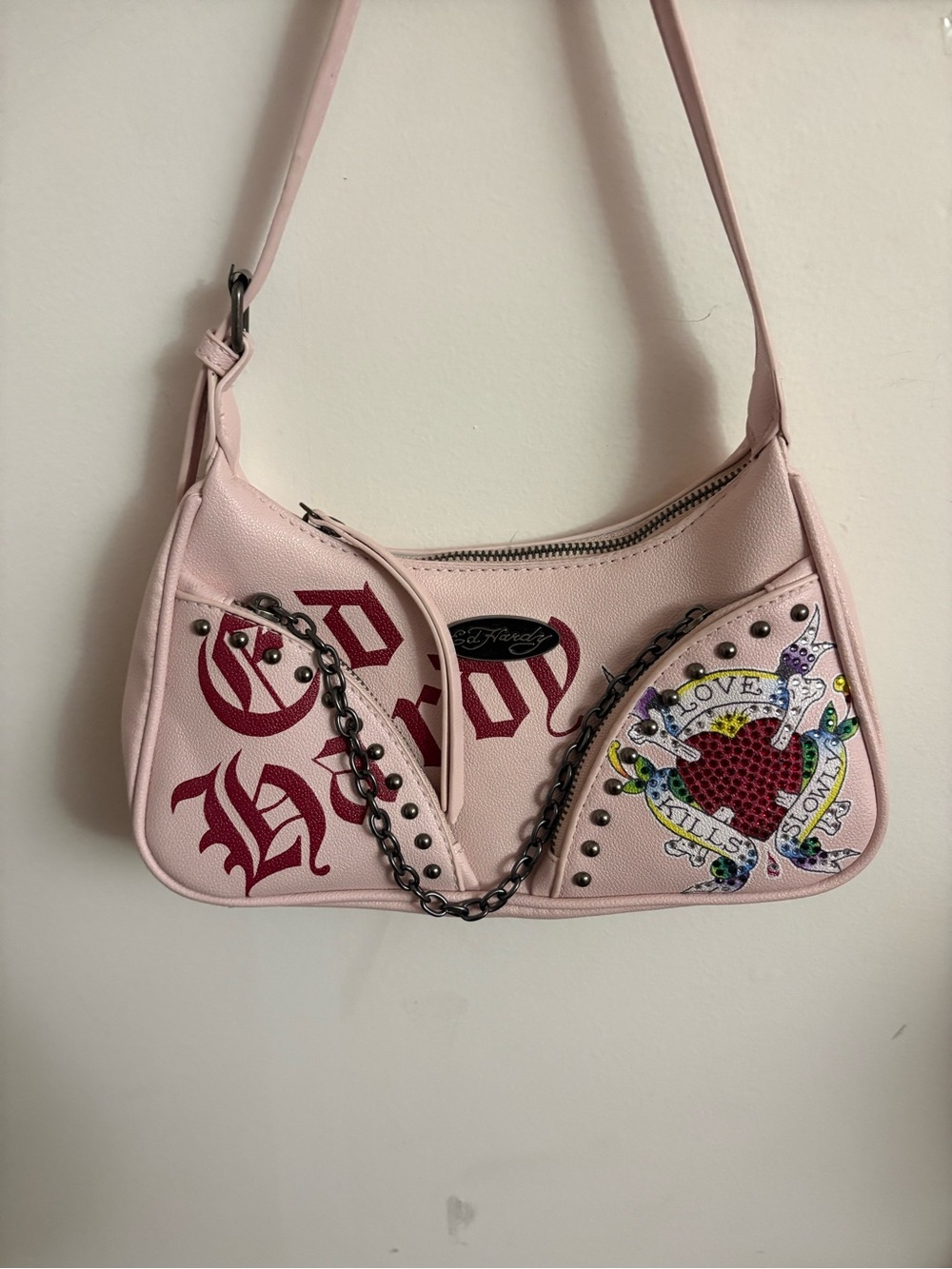 Ed Hardy pink shoulder purse with chain detail